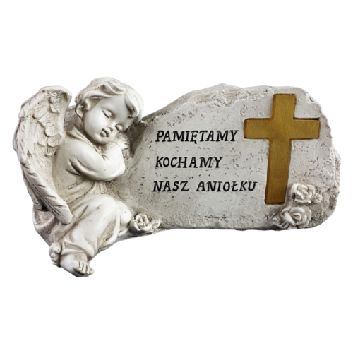 Aniołek led oparty o kamień,  krzyż na kamieniu oraz napis  pamiętamy, kochamy, nasz aniołku. Wysokość 11 cm długość 20 cm szerokość 10 cm