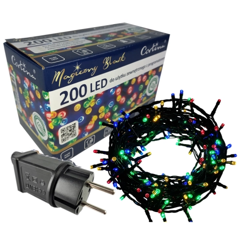 lampki choinkowe 200 led w kolorze multi, oryginalne pudełko oraz transformator