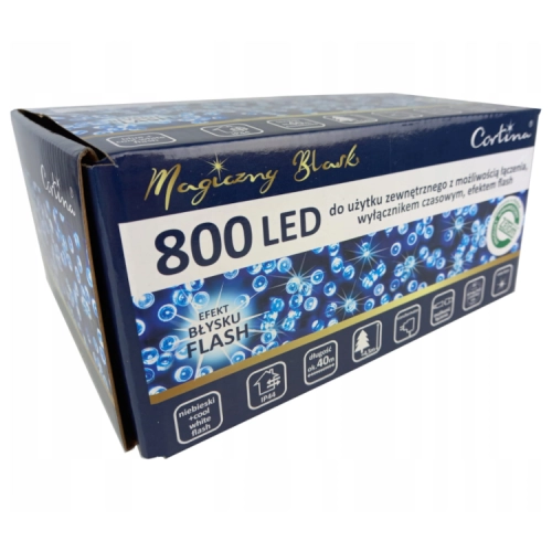 oryginalne pudełko lampek choinkowych 800 led w kolorze niebieskim w flash zimnym białym