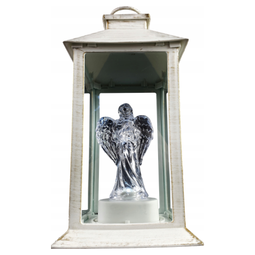 Biała latarenka led z aniołem, wysokość 27,5 cm szerokość podstawy 14 cm
