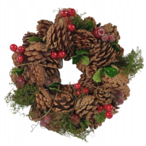 okrągły dekoracyjny wianek z szyszek, 26 cm