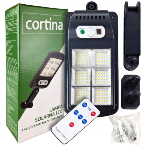 Czarna uliczna lampa solarna, mocowanie lampy, pilot, oryginalne opakowanie