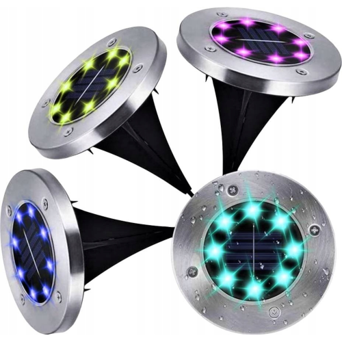 Zestaw 4 lamp solarnych, najazdowe, okrągłe, srebrna góra,  zmieniające kolor