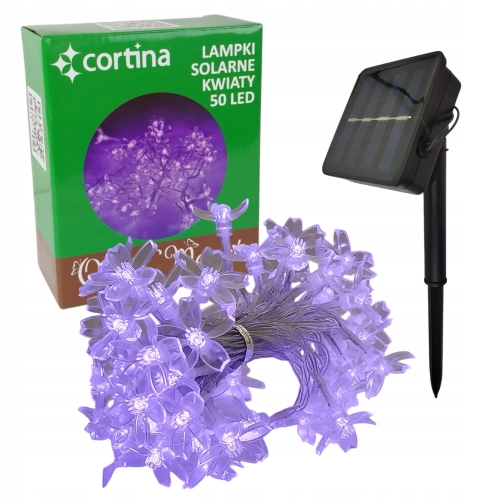 lampki solarne 50 led, girlanda kwiatki, przeźroczyste silikonowe, kolor świecenia fioletowy, długość całkowita 4,9 m , wymiary kwiatka 3 cm, w oryginalnym pudełku