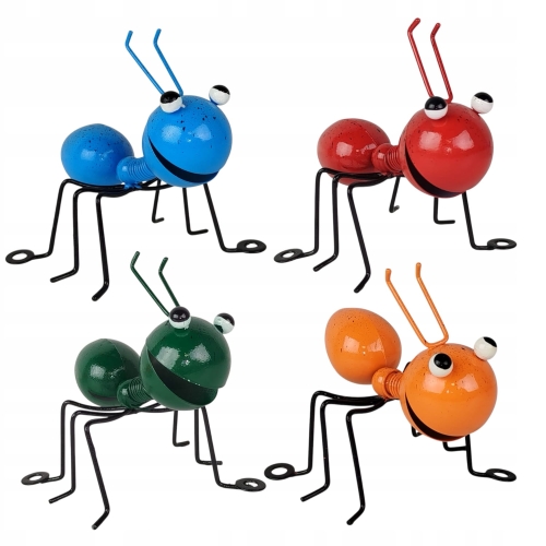 zestaw 4 sztuk metalowych mrówek, 4 kolory - pomarańczowy, zielony, niebieski, czerwony,  wysokość 9 cm  długość 10 cm