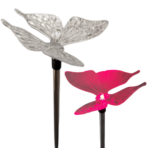 lampa solarna motyl na piku, przeźroczysty, zmieniający kolor, wysokość 62 cm , wymiary motyla 8 cm na 10,5 cm