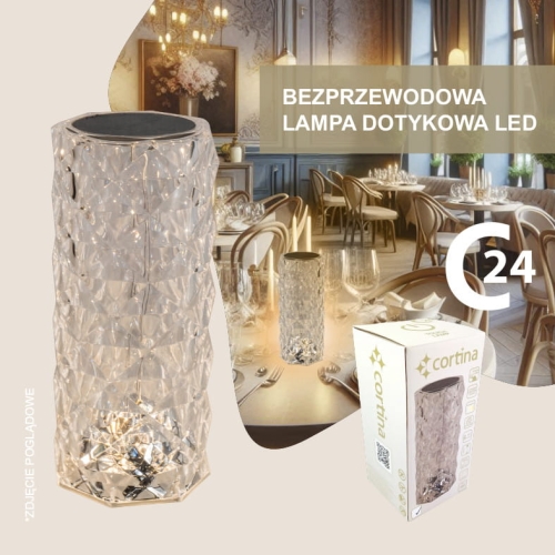 lampa led bezprzewodowa, przeźroczysta, kształt walca, 3 barwy światła, wysokość  23 cm