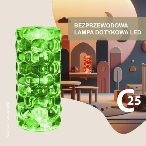 lampa led bezprzewodowa, przeźroczysta, kształt walca, zmieniająca kolory , wysokość 18 cm średnica 7,5 cm