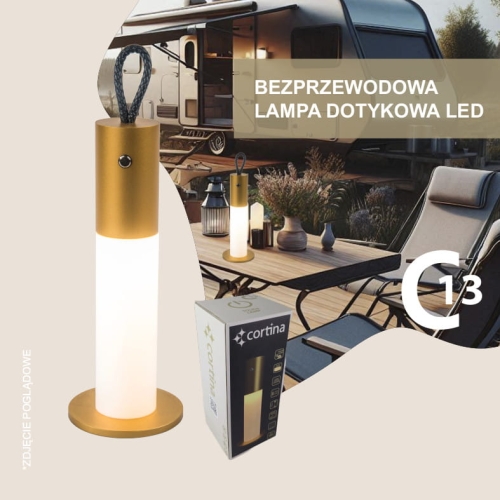 Lampa podłużna w stylu biwakowym, podstawa lampy złota środek mleczny biały, z możliwością powieszenia