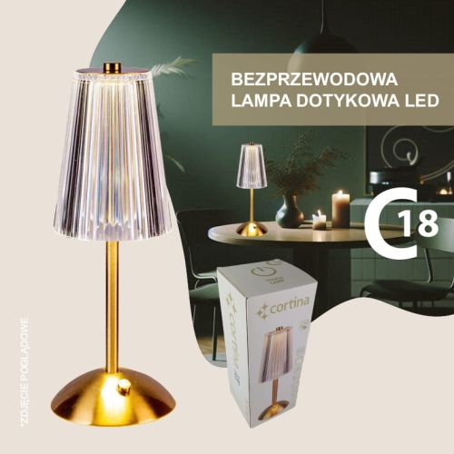 Lampa led bezprzewodowa, przeźroczysty klosz karbowany, podstawa lampy złota, wysokość  30 cm