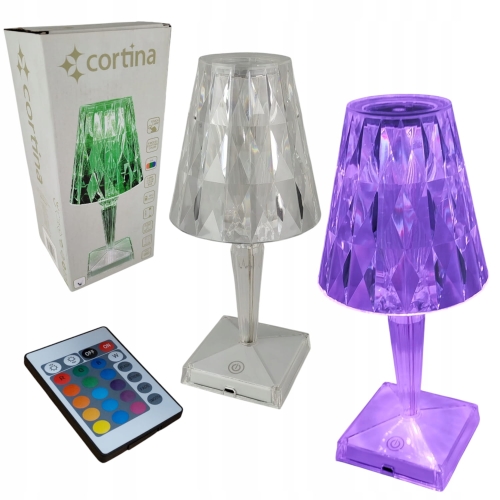 Lampa led przeźroczysta, bezprzewodowa, zmieniająca kolory, wysokość 26 cm , szerokość podstawy 8 cm na 8 cm, z pilotem, oryginalne opakowanie