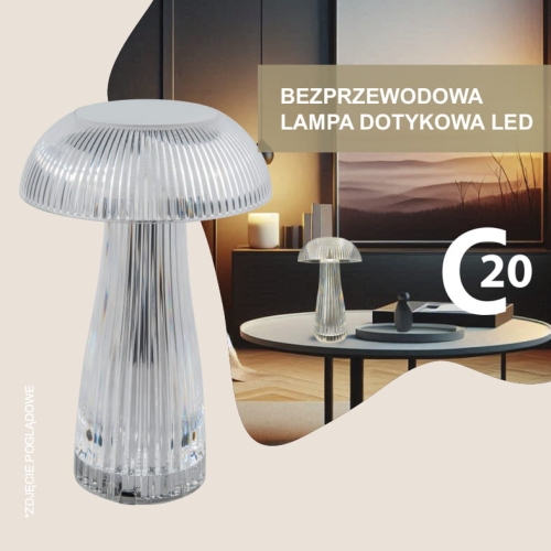 Przeźroczysta dotykowa lampa led, w kształcie grzybka, wysokość  25cm, średnica podstawy 9cm