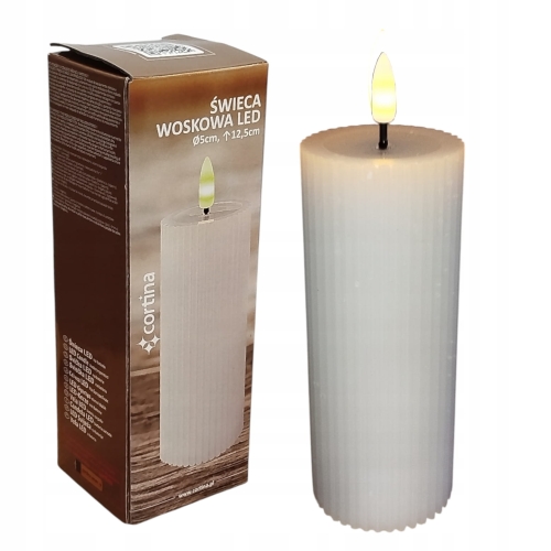 Świeca woskowa biała LED na baterie karbowana wysokość 12,5 cm średnica 5 cm