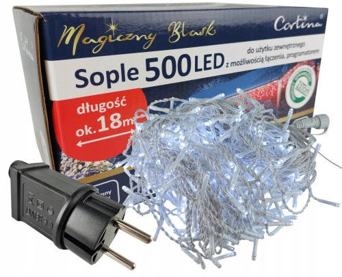 Lampki sople, zimny biały, biały kabel, transformator, oryginalne opakowanie