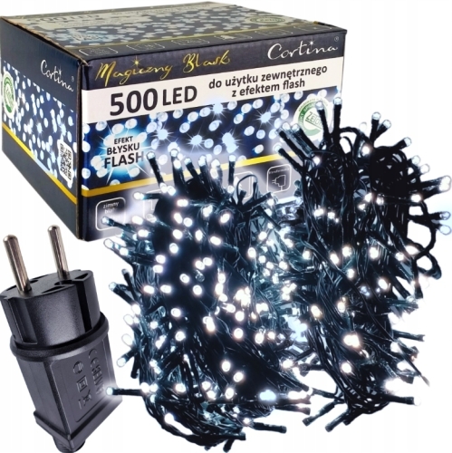 LAMPKI CHOINKOWE 500 LED, ZIMNY BIAŁY Z EFEKTEM FLASH ZIMNY BIAŁY, CIEMNY KABEL, TRANSFORMATOR, ORYGINALNE OPAKOWANIE
