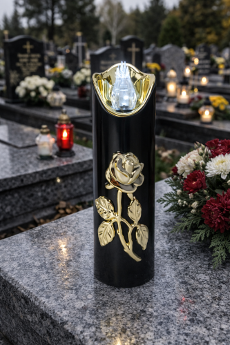 czarna świeczka z złota różą oraz złotymi detalami, płomień biały. Wysokość : 17,5 cm średnica 5 cm. Wkład położony na kamiennej granitowej płycie