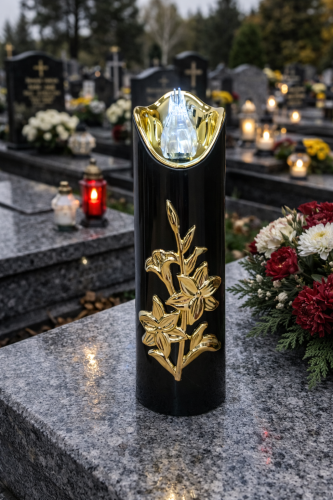 czarna świeczka z złota różą oraz złotymi detalami, płomień biały. Wysokość : 17,5 cm średnica 5 cm. Wkład położony na kamiennej granitowej płycie