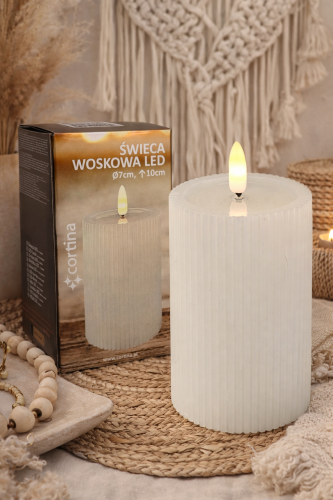 Świeca woskowa biała LED na baterie karbowana wysokość 10 cm średnica 7 cm, oryginalne opakowanie, ciepły biały