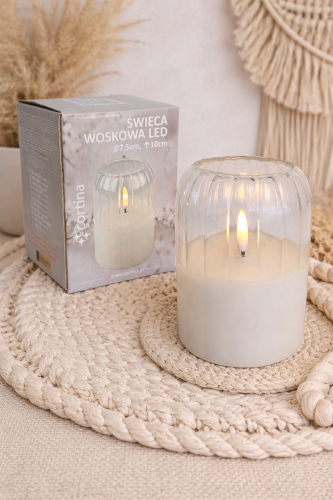Szklana świeca woskowa LED na baterie wysokość 10 cm średnica 7,5 cm biała