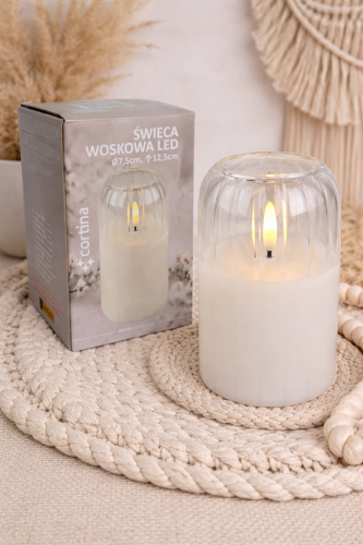 Szklana świeca woskowa LED na baterie wysokość 12,5 cm średnica 7,5 cm biała