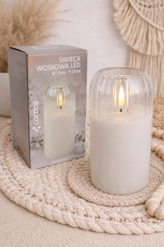 Szklana świeca woskowa  LED na baterie wysokość 15 cm średnica 7,5 cm biała
