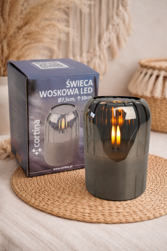 Szklana świeca woskowa LED wysokość 10 cm średnica 7,5 cm szara