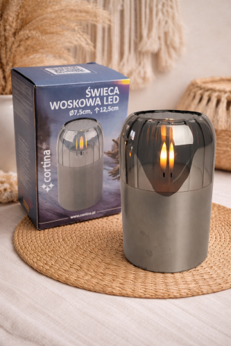 Szklana świeca woskowa LED wysokość  12,5 cm średnica 7,5 cm szara