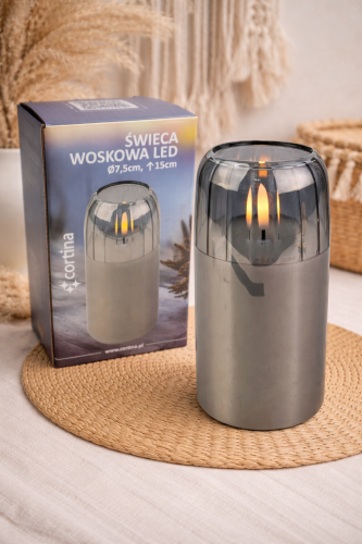 Szklana świeca woskowa LED wysokość 15 cm średnica 7,5 cm szara