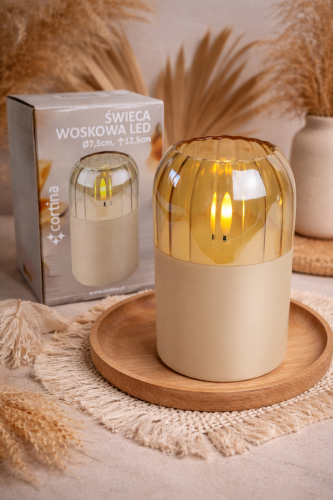 Szklana świeca woskowa LED na baterie wysokość 12,5 cm średnica 7,5 cm złota