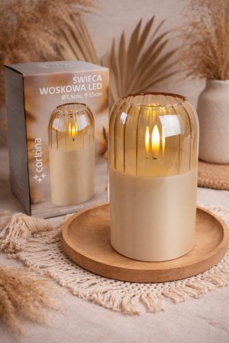 Szklana świeca woskowa LED wysokość 15 cm średnica 7,5 cm złota