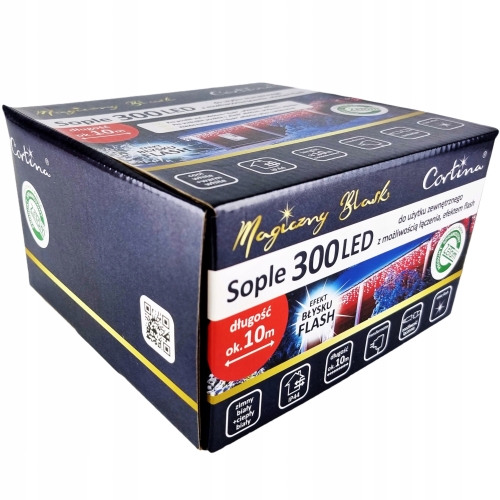 oryginale opakowanie lampek sopli 300 led  w kolorze zimnej bieli