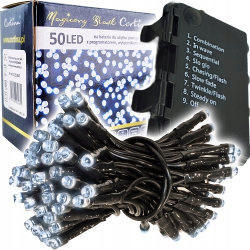 Lampki choinkowe 50 led na baterie, zimny biały , ciemny kabel, oryginalne opakowanie