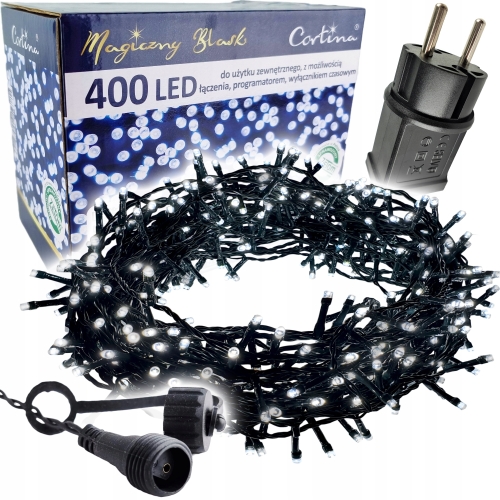 Lampki choinkowe 400 led, zimny biały , ciemny kabel, oryginalne pudełko, transformator