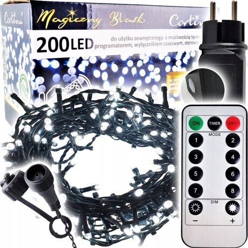 lampki choinkowe 200 led, zimny biały, ciemny kabel, pilot, transformator, oryginalne opakowanie