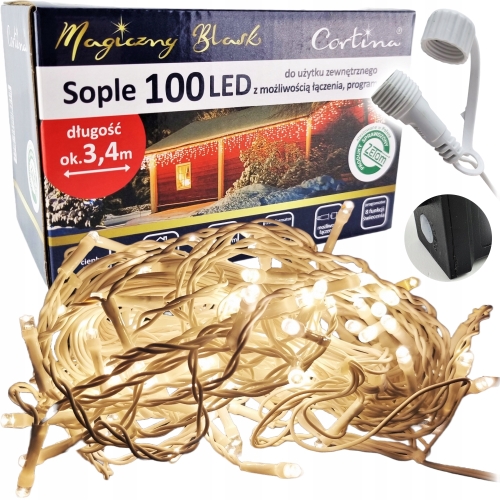 Lampki sople 100 led, ciepły biały, kabel biały, oryginalne pudełko